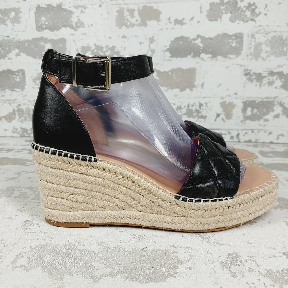 NEW Nordstrom Armen Black Leather Slip On Buckle Ankle Strap Wedge Sandals H205